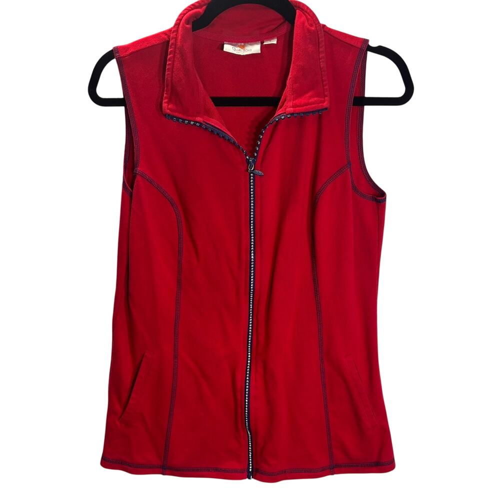 Quacker Factory Red Zip Front Vest Rhinestone Trim Sleeveless Size Small